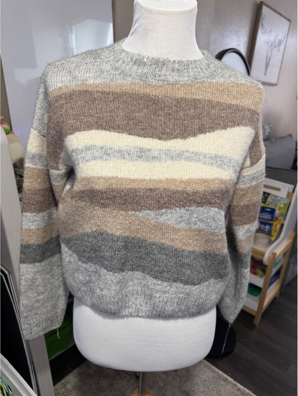 Hatley Womens Medium Striped Sweater Neutral Gray Brown Cozy Knit Scandi